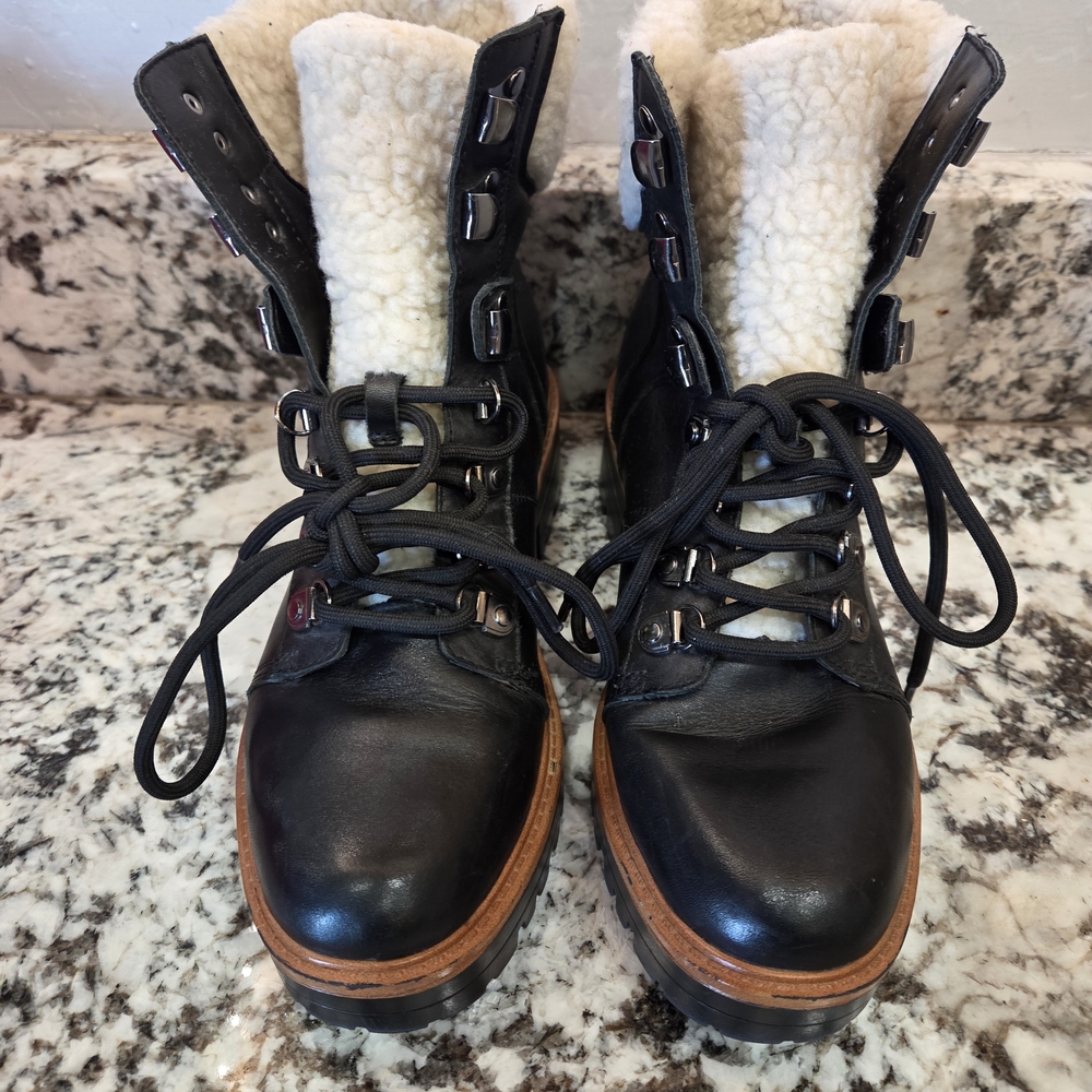 Vintage Chic Marc Fisher‎ Black Shearling Combat Boots - Size 6.5